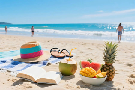 Tropical summer scene with fresh fruit, coconut drink, flip flops, and book on a beach towel under umbrella. Clear blue sky, seagulls flying, ocean view perfect for vacation and lifestyle themes.の素材