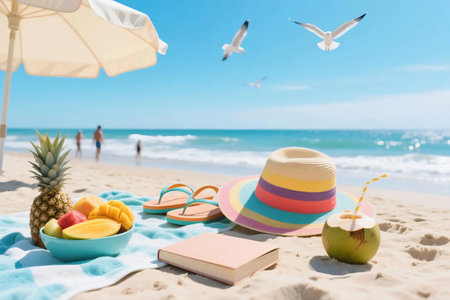 Tropical summer scene with fresh fruit, coconut drink, flip flops, and book on a beach towel under umbrella. Clear blue sky, seagulls flying, ocean view perfect for vacation and lifestyle themes.の素材
