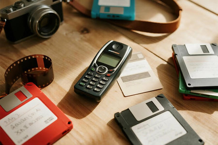 A nostalgic flat lay featuring an old mobile phone, retro cassette tapes, and a vintage film camera on aged wood. Perfect for retro tech, analog media, or nostalgia themed designs.の素材