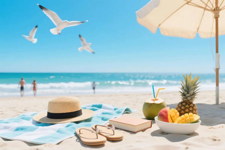Tropical summer scene with fresh fruit, coconut drink, flip flops, and book on a beach towel under umbrella. Clear blue sky, seagulls flying, ocean view perfect for vacation and lifestyle themes.の素材