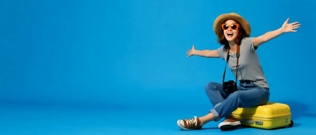 Excited young female traveler with red sunglasses and straw hat sitting on floor, taking a photo with camera beside a bright yellow suitcase. Holiday and travel concept with blue background.の素材