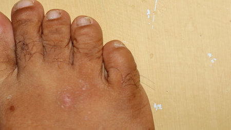 Close up of male foot and long toenail. medical foot and cleanliness concept