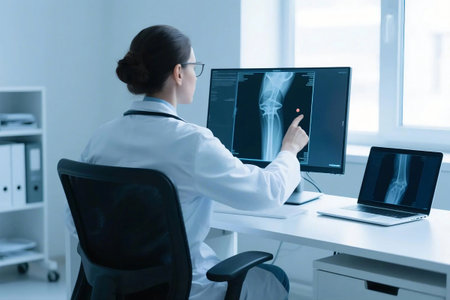 A female doctor studies a leg X-ray on a screen in a modern clinic. Concept of orthopedics, diagnosis, and radiology. Digital healthcare technology for bone injury and joint examinationの素材