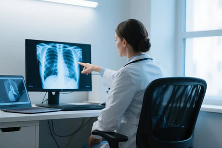 Rear view of female doctor analyzing chest X-ray image on screen in modern clinic office, diagnosing lungs and ribcage. Concept of radiology, healthcare, and digital medical technology.の素材