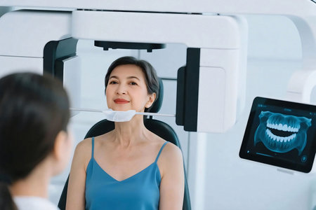An Asian woman sits calmly during a dental X-ray scan in a high-tech clinic while the dentist monitors the process. Concept of oral health, dental care, and diagnostic technology.の素材