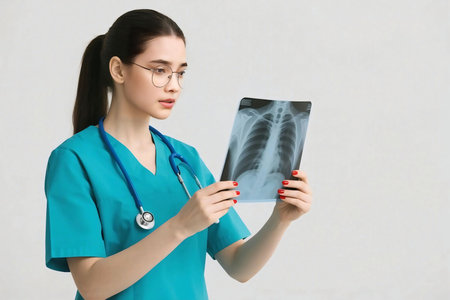 Confident female doctor wearing scrubs and stethoscope analyzing a chest and pelvic X-ray film. Concept for healthcare, radiology, diagnosis, medical expertise, and professional hospital service.の素材