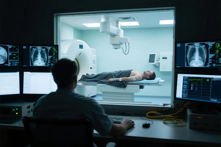 Medical technician monitoring a male patient during a CT scan procedure in a modern hospital. Diagnostic imaging process shown with equipment, scanner, and control room for accurate health check.の素材