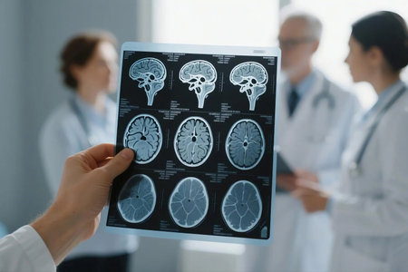 Close up of doctor examining brain MRI scan film while a team of medical professionals discusses results in a bright hospital setting. Focus on diagnostic imaging and neurology analysis.の素材