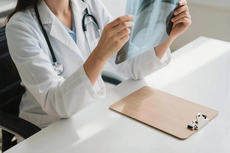 Close up of a doctor examining a chest X-ray image in a clinical setting. Medical diagnosis and radiology review with patient report and stethoscope visible, representing healthcare and analysis.の素材