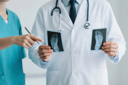 A radiographer and a doctor in a modern clinic discuss foot X-ray images. Concept of radiology, podiatry, and orthopedic diagnostics in a professional healthcare setting.の素材