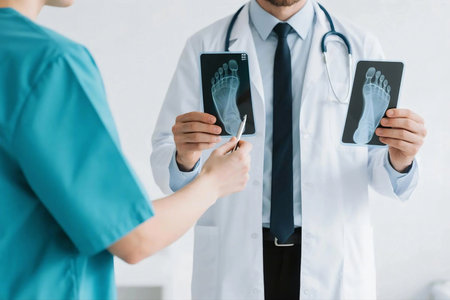 A radiographer and a doctor in a modern clinic discuss foot X-ray images. Concept of radiology, podiatry, and orthopedic diagnostics in a professional healthcare setting.の素材