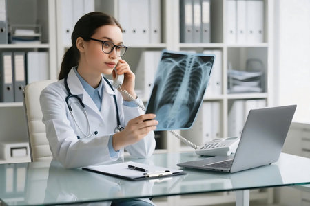 Confident female doctor analyzing chest X-ray film while talking on the phone in a bright modern office. She is seated at a desk with medical documents, a landline, and a laptop.の素材