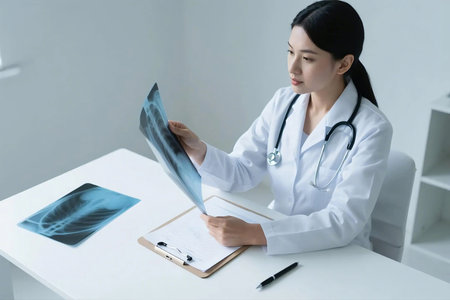 Close up of a doctor examining a chest X-ray image in a clinical setting. Medical diagnosis and radiology review with patient report and stethoscope visible, representing healthcare and analysis.の素材