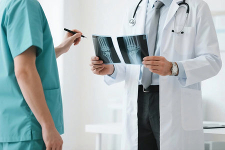 Close-up of two doctors analyzing wrist and hand X-rays together in a hospital setting, wearing lab coats and scrubs, discussing diagnosis or treatment for orthopedic injury.の素材