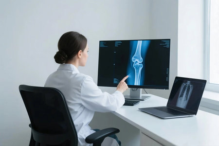 A female doctor studies a leg X-ray on a screen in a modern clinic. Concept of orthopedics, diagnosis, and radiology. Digital healthcare technology for bone injury and joint examinationの素材