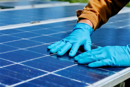 Close up of worker hands wearing gloves inspecting solar panel surface under bright sunlight, symbolizing renewable energy, green technology, and sustainable power maintenance.の素材