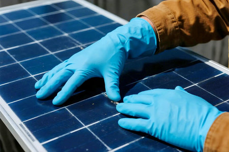 Close up of worker hands wearing gloves inspecting solar panel surface under bright sunlight, symbolizing renewable energy, green technology, and sustainable power maintenance.の素材