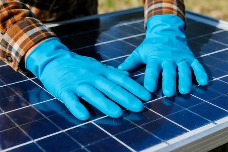 Close up of worker hands wearing gloves inspecting solar panel surface under bright sunlight, symbolizing renewable energy, green technology, and sustainable power maintenanceの素材