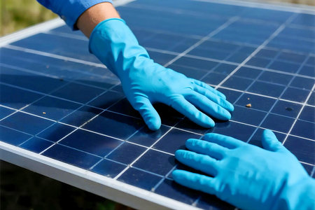 Close up of worker hands wearing gloves inspecting solar panel surface under bright sunlight, symbolizing renewable energy, green technology, and sustainable power maintenanceの素材