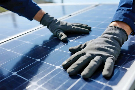 Close up of worker hands wearing gloves inspecting solar panel surface under bright sunlight, symbolizing renewable energy, green technology, and sustainable power maintenanceの素材