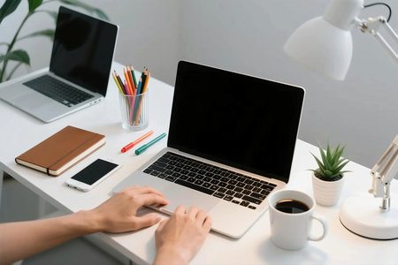 Modern minimalist workspace with laptop, coffee, notebook, smartphone, lamp, pens, and plant on white desk. Perfect for concepts of remote work, freelance, productivity, creativity, and home office.の素材