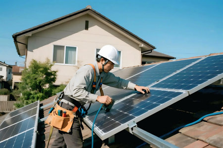 A professional technician wearing safety gear installs solar panels on a residential roof, promoting renewable energy, sustainability, and eco-friendly electricity solutions for modern homes.の素材