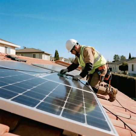 A professional technician wearing safety gear installs solar panels on a residential roof, promoting renewable energy, sustainability, and eco-friendly electricity solutions for modern homes.の素材