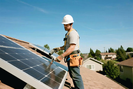 A professional technician wearing safety gear installs solar panels on a residential roof, promoting renewable energy, sustainability, and eco-friendly electricity solutions for modern homes.の素材