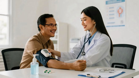 Smiling female doctor checks the blood pressure of an elderly man during a routine medical examination in a bright clinic, highlighting healthcare, wellness, and patient care.の素材