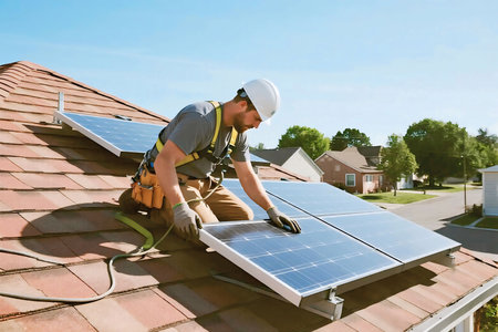 A professional technician wearing safety gear installs solar panels on a residential roof, promoting renewable energy, sustainability, and eco-friendly electricity solutions for modern homes.の素材