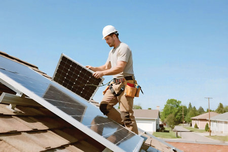 A professional technician wearing safety gear installs solar panels on a residential roof, promoting renewable energy, sustainability, and eco-friendly electricity solutions for modern homes.の素材