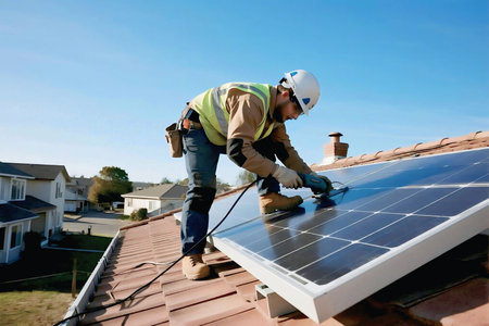 A professional technician wearing safety gear installs solar panels on a residential roof, promoting renewable energy, sustainability, and eco-friendly electricity solutions for modern homes.の素材