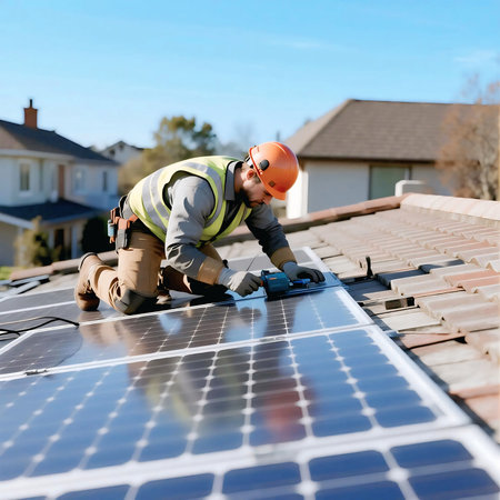 A professional technician wearing safety gear installs solar panels on a residential roof, promoting renewable energy, sustainability, and eco-friendly electricity solutions for modern homes.の素材