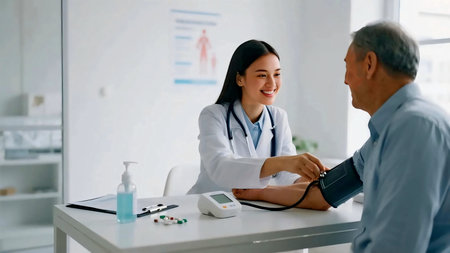 Smiling female doctor checks the blood pressure of an elderly man during a routine medical examination in a bright clinic, highlighting healthcare, wellness, and patient care.の素材