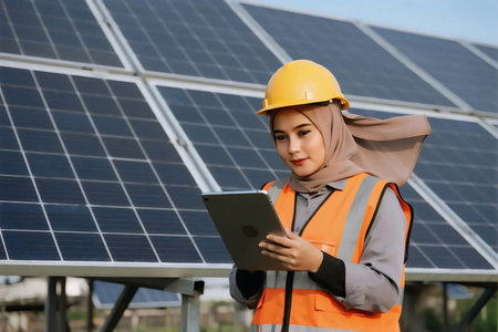 A confident Muslim female engineer wearing hijab, safety helmet, and reflective vest, holding a laptop while standing at a solar panel farm, symbolizing renewable energy and sustainable technology.の素材