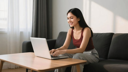 Smiling young Asian woman using a laptop while sitting cross-legged on the sofa in a bright living room, representing remote work, online learning, and modern digital lifestyle.の素材