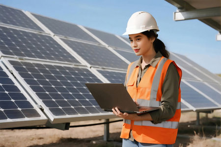 A young female engineer wearing safety helmet and reflective vest using a laptop at a solar panel farm, representing renewable energy, green technology, and sustainable engineering solutions.の素材