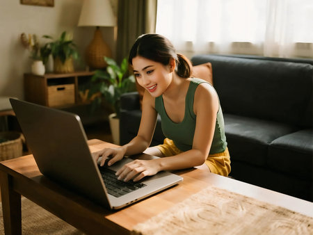 Smiling young Asian woman using a laptop while sitting cross-legged on the sofa in a bright living room, representing remote work, online learning, and modern digital lifestyle.の素材