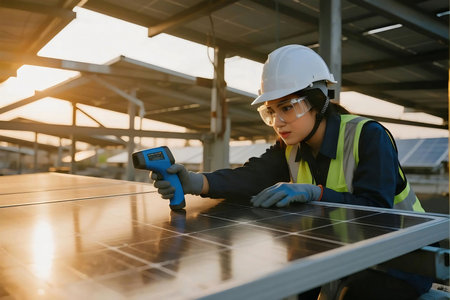 A female solar technician in safety gear inspects photovoltaic panels using an infrared thermometer and tablet at a solar farm under sunlight, representing renewable energy and sustainable technology.の素材
