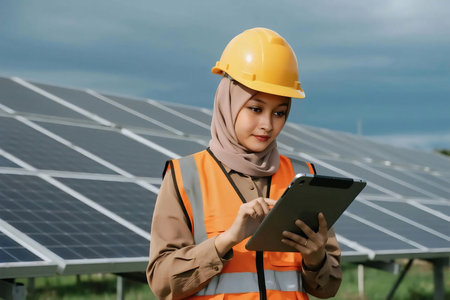 confident Muslim female engineer wearing hijab, safety helmet, and reflective vest, holding a laptop while standing at a solar panel farm, symbolizing renewable energy and sustainable technology.の素材