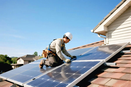 A professional technician wearing safety gear installs solar panels on a residential roof, promoting renewable energy, sustainability, and eco-friendly electricity solutions for modern homes.の素材