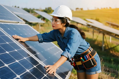 Female solar technician in helmet, safety glasses, and tool belt using an electric drill to maintain photovoltaic panels at an outdoor renewable energy power plant, symbolizing green technology and sustainabilityの素材
