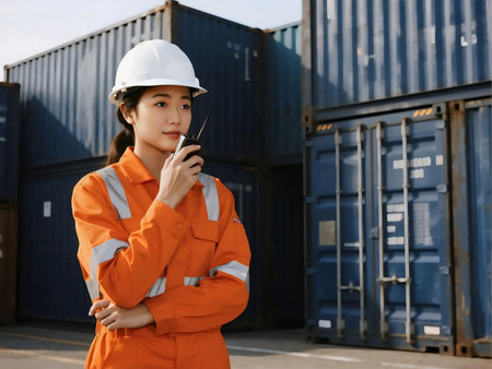 Asian female worker wearing safety helmet and reflective vest using walkie talkie at container yard. Concept of logistics, shipping, transportation, occupational safety asian, teamwork, and industry.の素材