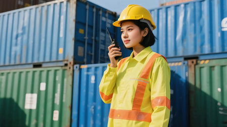 Asian female worker wearing safety helmet and reflective vest using walkie talkie at container yard. Concept of logistics, shipping, transportation, occupational safety asian, teamwork, and industry.の素材