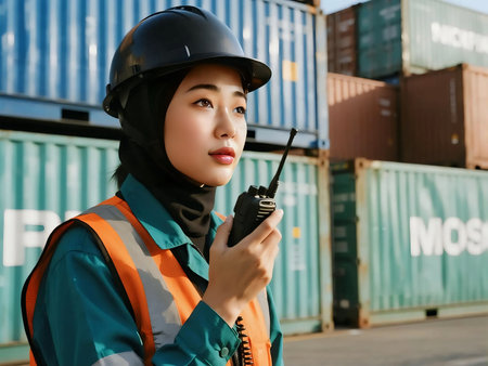 Asian female worker wearing safety helmet and reflective vest using walkie talkie at container yard. Concept of logistics, shipping, transportation, occupational safety asian, teamwork, and industry.の素材
