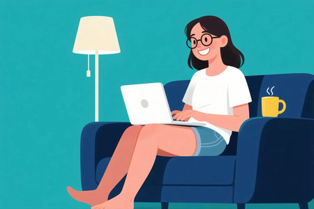 illustration of a woman sitting on a red sofa at night, working on her laptop under a lamp with coffee nearby. Cozy home atmosphere, remote work, freelance lifestyle, flat design concept.の素材