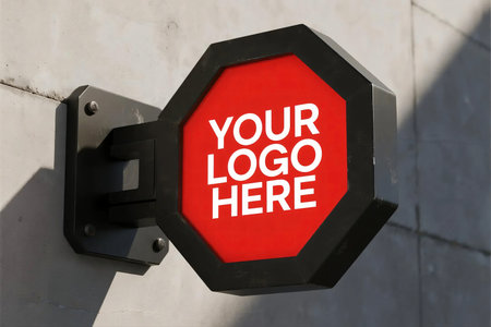 High resolution 3D render of a red octagonal outdoor wall sign mockup with "Your Logo Here" text, perfect for branding, company identity, store signage, and advertising presentations. your logo hereの素材