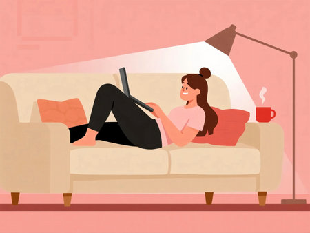 Illustration of a woman sitting on a red sofa at night, working on her laptop under a lamp with coffee nearby. Cozy home atmosphere, remote work, freelance lifestyle, flat design concept.の素材