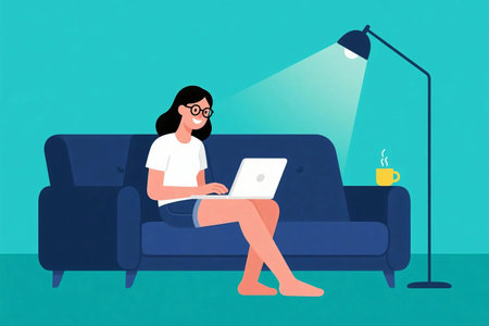 Illustration of a woman sitting on a red sofa at night, working on her laptop under a lamp with coffee nearby. Cozy home atmosphere, remote work, freelance lifestyle, flat design concept.の素材