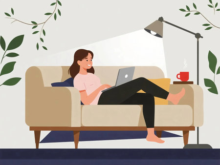 illustration of a woman sitting on a red sofa at night, working on her laptop under a lamp with coffee nearby. Cozy home atmosphere, remote work, freelance lifestyle, flat design concept.の素材